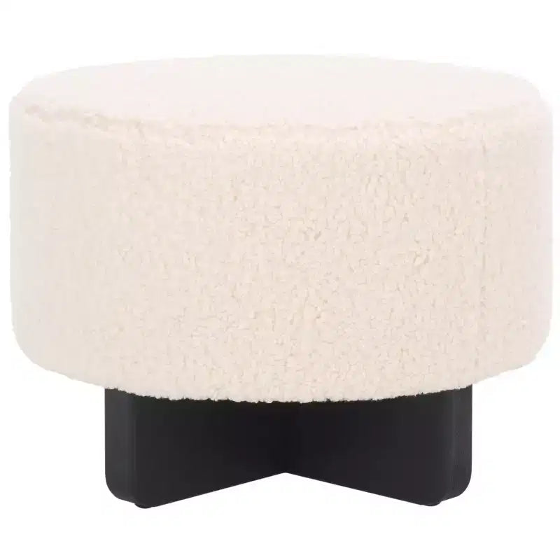 Pouf rotondo in finto montone con base in legno di caucciù
