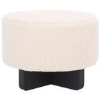 Pouf rotondo in finto montone con base in legno di caucciù