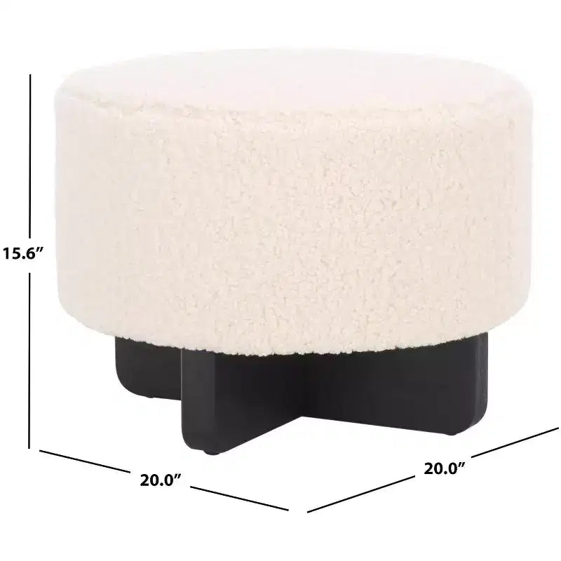 Pouf rotondo in finto montone con base in legno di caucciù