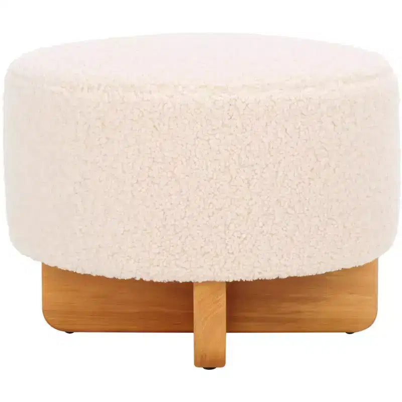 Pouf rotondo in finto montone con base in legno di caucciù