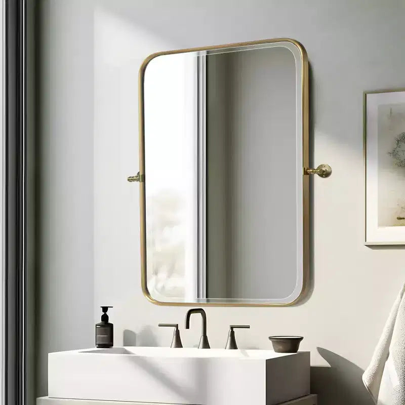 Specchio da parete a perno con cornice rettangolare in metallo e angoli arrotondati (Set da 2)
