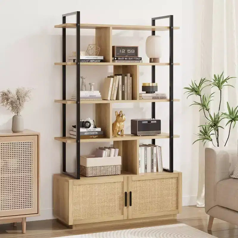 Libreria a 5 ripiani con armadietto e anta, alta 180 cm, struttura in metallo
