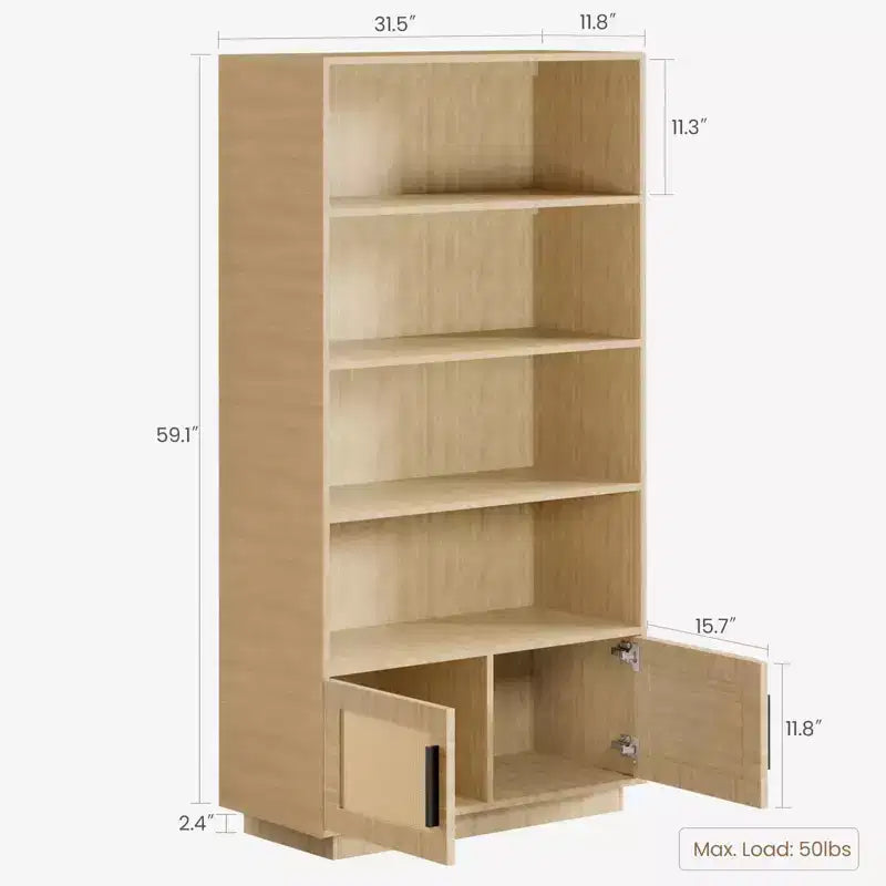 Libreria a 5 ripiani con armadietto e anta, alta 180 cm, struttura in metallo