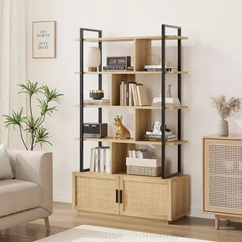 Libreria a 5 ripiani con armadietto e anta, alta 180 cm, struttura in metallo