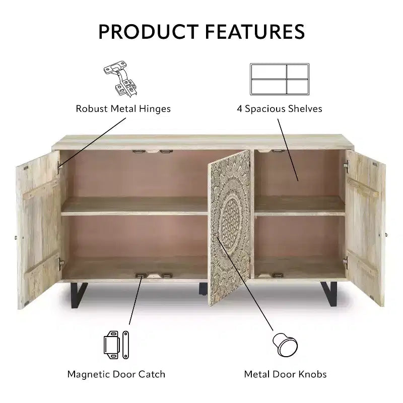 Credenza da Buffet - Legno di Mango, 4 Ripiani