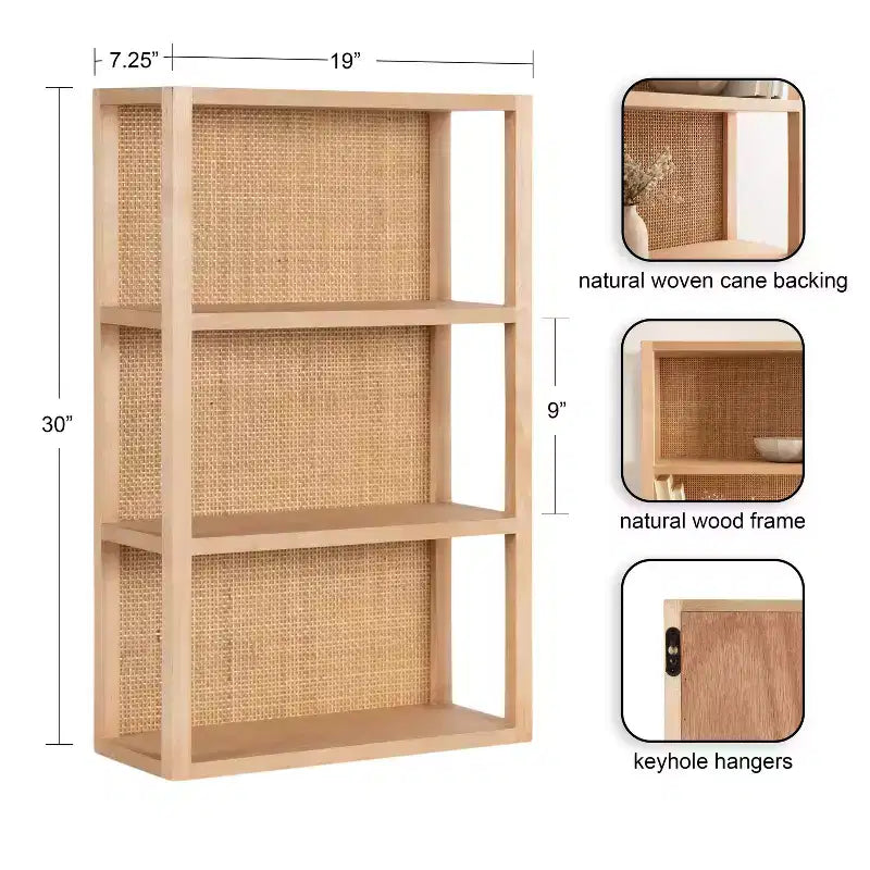 Mensola a muro a 3 ripiani in rattan e legno da 30".